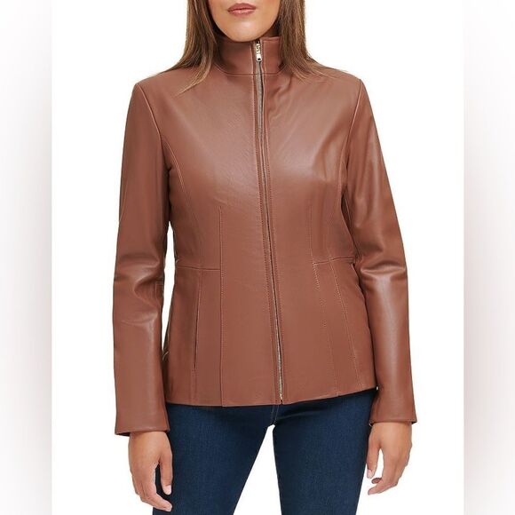 COLE HAAN Brown Tan Lambskin Leather Jacket XS - Picture 2 of 7